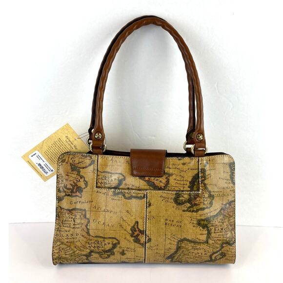 Patricia Nash Rienzo Satchel Shoulder Bag Vintage Tan Leather European Map NWT - Picture 2 of 11